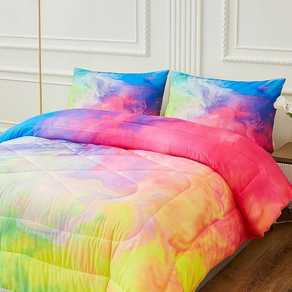Rainbow Marble Comforter Sets,Texture in Rainbow Colors. Acrylic Painting with Bright Pink, Blue, Green and Yellow Colors.Decorative Bedding Comforter Sets with 2 Pillow Shams, Twin Size