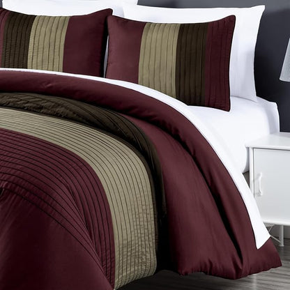 Chezmoi Collection Briar 7-Piece California King Bed in a Bag - All Season Lightweight Microfiber Comforter Set - Includes Sheets & Shams - Burgundy/Coffee/Brown Pleated Stripe Design
