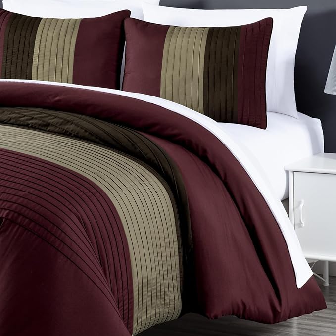 Chezmoi Collection Briar 7-Piece King Bed in a Bag - All Season Lightweight Microfiber Comforter Set - Includes Sheets & Shams - Burgundy/Coffee/Brown Pleated Stripe Design