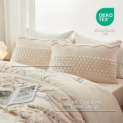 Luxudecor Beige Tufted Comforter Set King Size 3 Pieces Boho Shabby Chic Comforter Farmhouse Embroidery Bed Set Soft Comforter for All Seasons (Beige, 104''x90'')