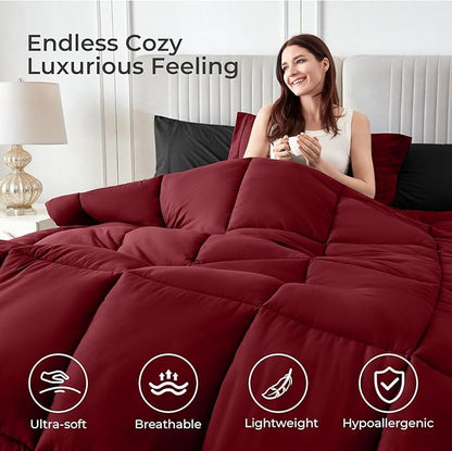 Sasttie Red & Black King Size Comforter Set, 7 Pieces Bed in a Bag King, Complete Bedding Set Includes Comforter, Flat Sheet, Fitted Sheet, Pillowcases and Pillow Shams, Burgundy