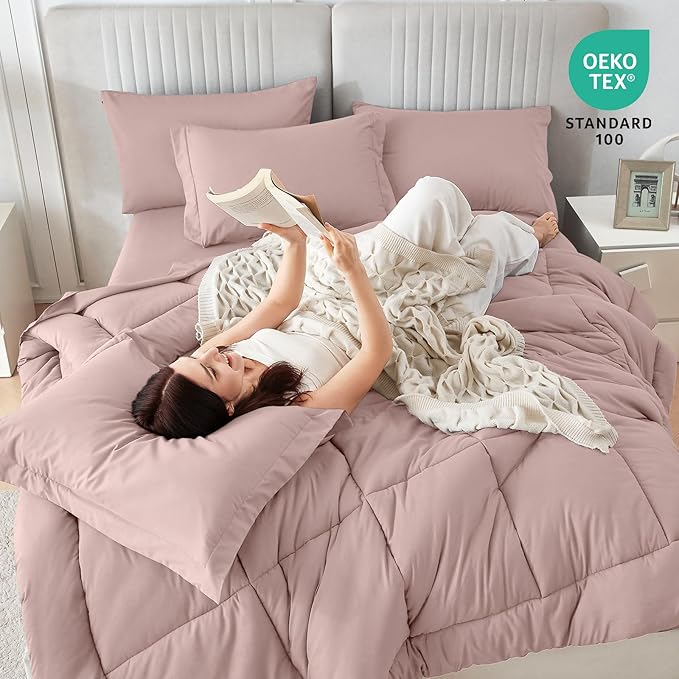 Sasttie California King Comforter Set, 7 Pieces Cal King Bed in a Bag, Complete Bedding Set Includes Comforter, Flat Sheet, Fitted Sheet, Pillowcases and Pillow Shams, Rose Gold