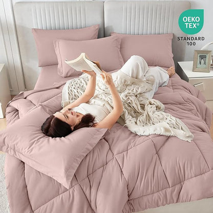 Sasttie California King Comforter Set, 7 Pieces Cal King Bed in a Bag, Complete Bedding Set Includes Comforter, Flat Sheet, Fitted Sheet, Pillowcases and Pillow Shams, Rose Gold