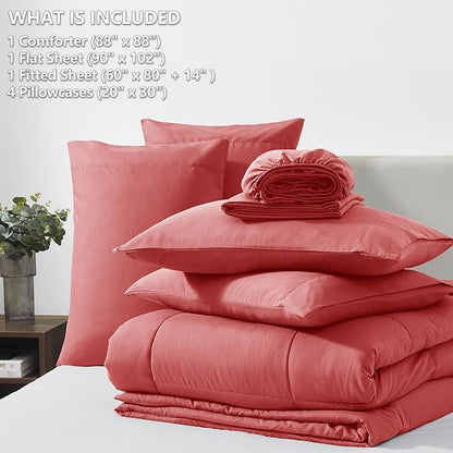 CozyLux Queen Comforter Set Coral, 7 Pieces Bed in a Bag, Coral Comforter Queen Size, All Season Bedding Sets with Stitch Quilted Comforter, Flat Sheet, Fitted Sheet, Pillowcases
