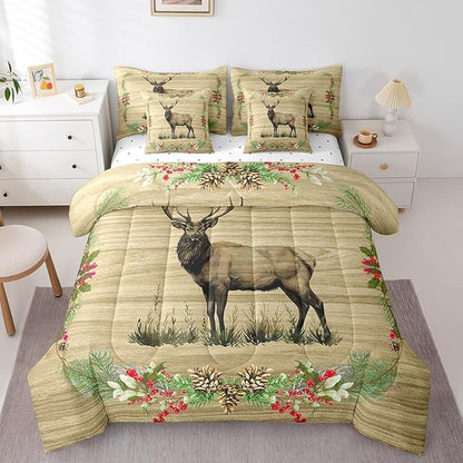 Reindeer Bed in a Bag King Size Comforter Set 7 Pieces,Woodland Animals Bedding Sets Rustic Elk Deer Moose Sheet Set with Comforter