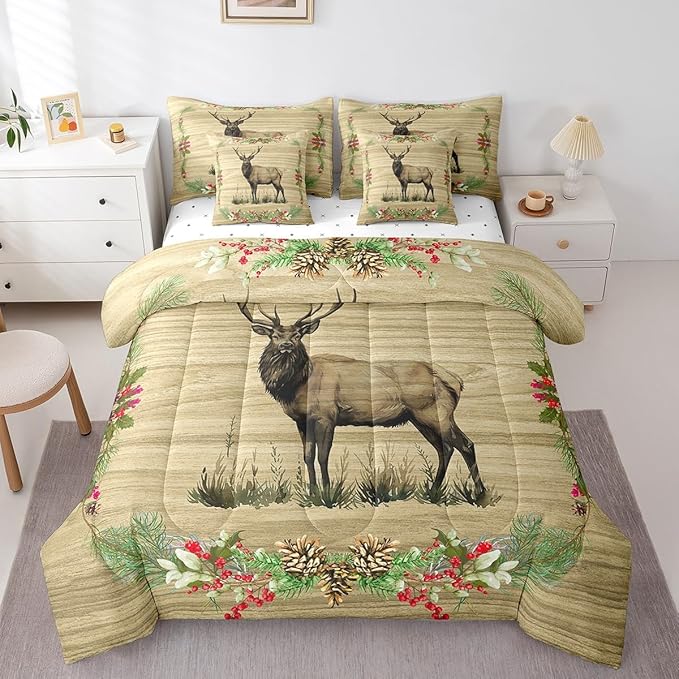Reindeer Bed in a Bag Queen Comforter Set 7 Piece,Woodland Animals Bedding Sets Rustic Elk Deer Moose Sheet Set with Comforter