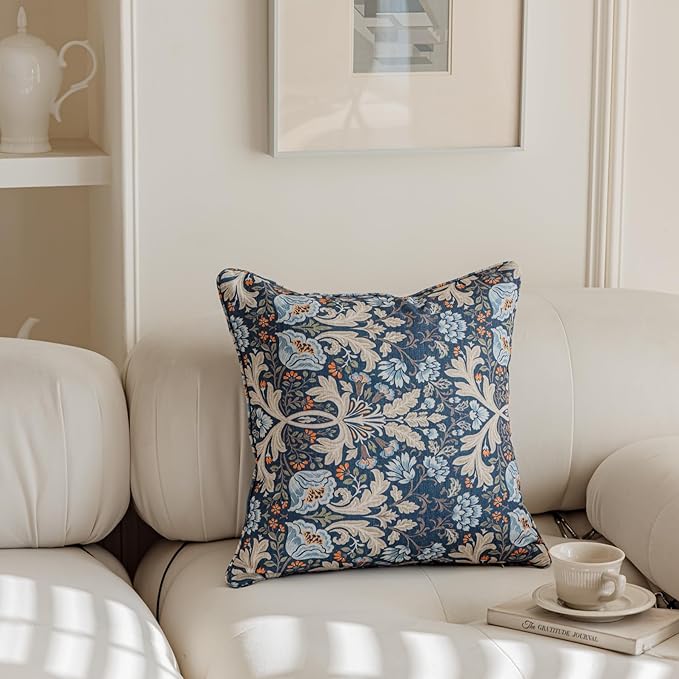 Throw Pillow Covers with Insert Included, with Embroidered Detail, 18 x 18 inches, Decorative Throw Pillow for Sofa Couch Bed (Navy Blue Floral, 18" L x 18" W)