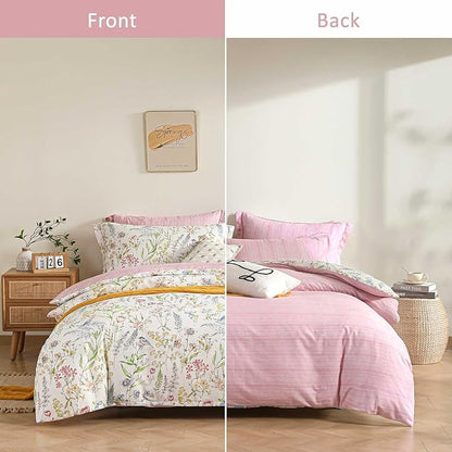 White Floral Cotton Comforter Queen Size - 3PC Lightweight Bedding Sets with Soft Fill, Vibrant Garden Botanical Patterns, Petal Pink Reversible Design with Feminine Elegance