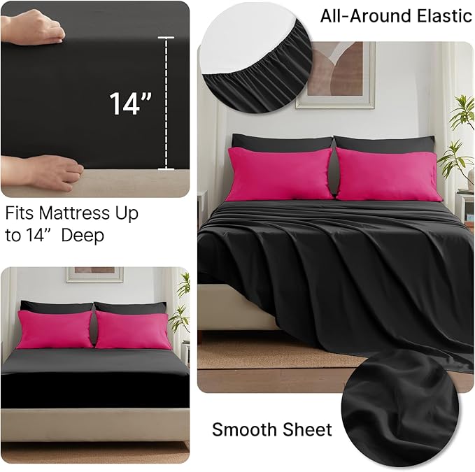 Anluoer Full Comforter Set,Hot Pink&Black Bed in a Bag 7 Piece,Lightweight Bedding Set with Soft Down Alternative Fill,Bed Set Includes Comforter, Fitted Sheet, Flat Sheet,Pillowcases and Shams