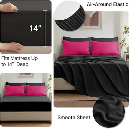 Anluoer Full Comforter Set,Hot Pink&Black Bed in a Bag 7 Piece,Lightweight Bedding Set with Soft Down Alternative Fill,Bed Set Includes Comforter, Fitted Sheet, Flat Sheet,Pillowcases and Shams