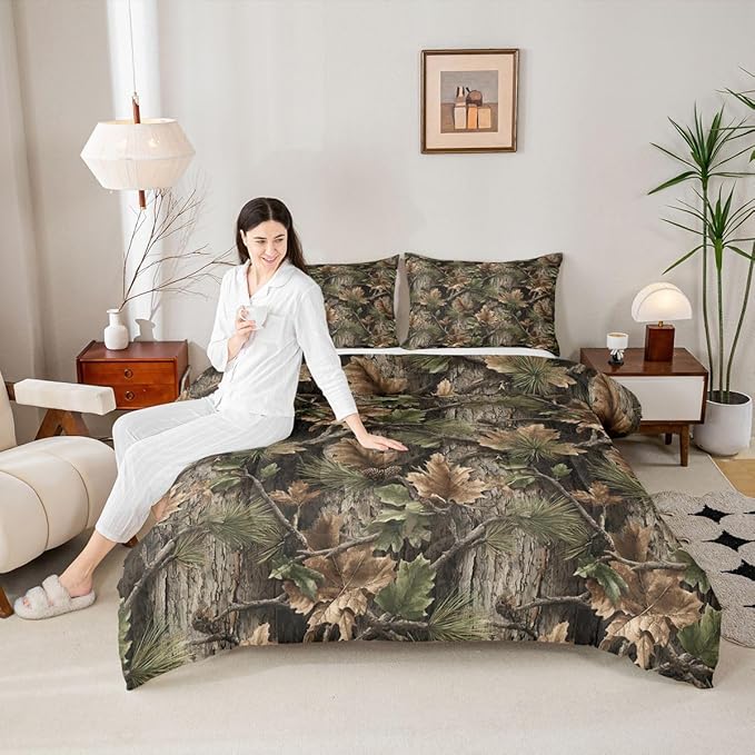 Erosebridal Camo Hunting Comforter Set Toddler Size Rustic Camouflage Bedding Set for Kids Boys Girls Woodland Cabin Tree Leaves Comforter Camping Farm House Quilt Bedroom Decor