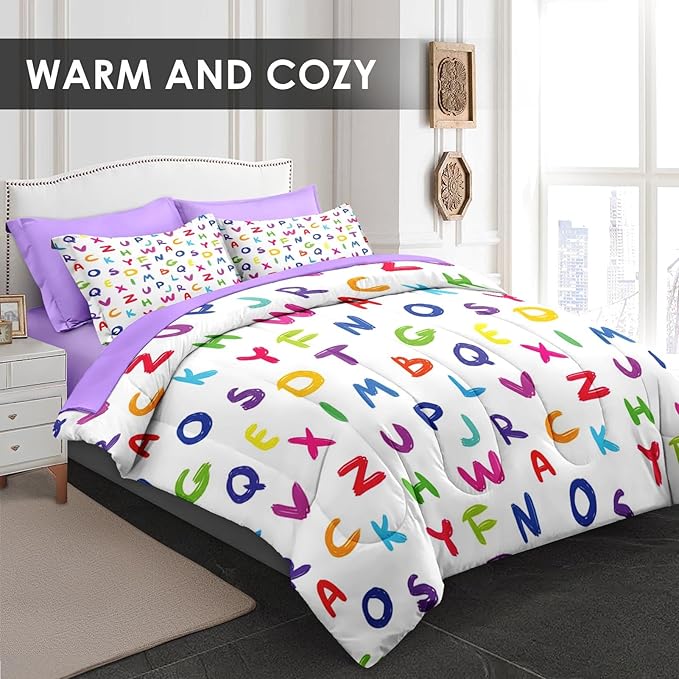 Comforter Set Queen Size, Kids Alphabet 7 Pcs Bedding for Kids and Adults, Multicolored English Preschool Bed Sheet Sets with Fitted Sheet 2 Pillowcases & 2 Shams for Bedroom Bed Decor