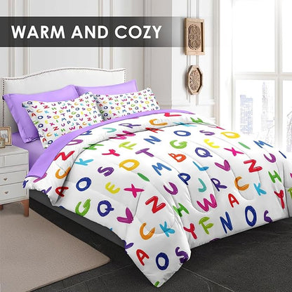 Comforter Set Twin Size, Kids Colorful Alphabet 5 Pcs Bedding for Kids and Adults, Multicolored English Preschool Bed Sheet Sets with Fitted Sheet Pillowcase & Sham for Bedroom Bed Decor