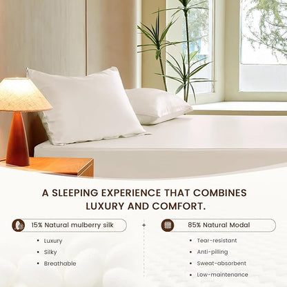 THXSILK Luxury Mulberry Silk Fitted Sheet Set 3 Pcs, King Silk Bed Sheet Set with 16" Deep Pockets, Soft & Cooling Sheets, 1 Fitted Sheet, 2 Pillowcases with Zipper Closure - White