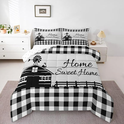 Rustic Cabin Comforter Set Twin Country Farmhouse Bedding Set Black White Buffalo Plaid Check Bedding Comforter Sets For Kids Boys Girls Farm Animal Windmill Quilt Set Western Decor 1 Pillow Case