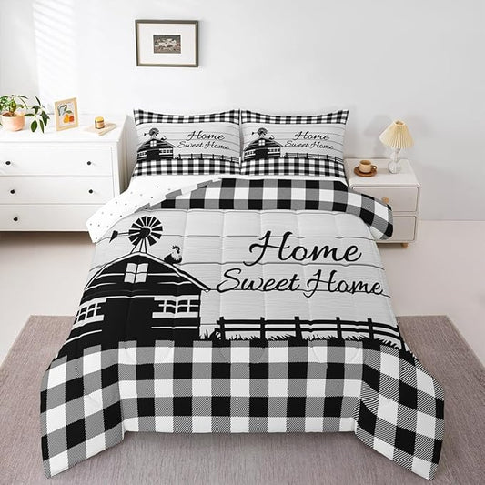 Rustic Cabin Comforter Set Queen Country Farmhouse Bedding Set Black White Buffalo Plaid Check Bedding Comforter Sets For Kids Boys Girls Farm Animal Windmill Quilt Set Western Decor 2 Pillow Cases