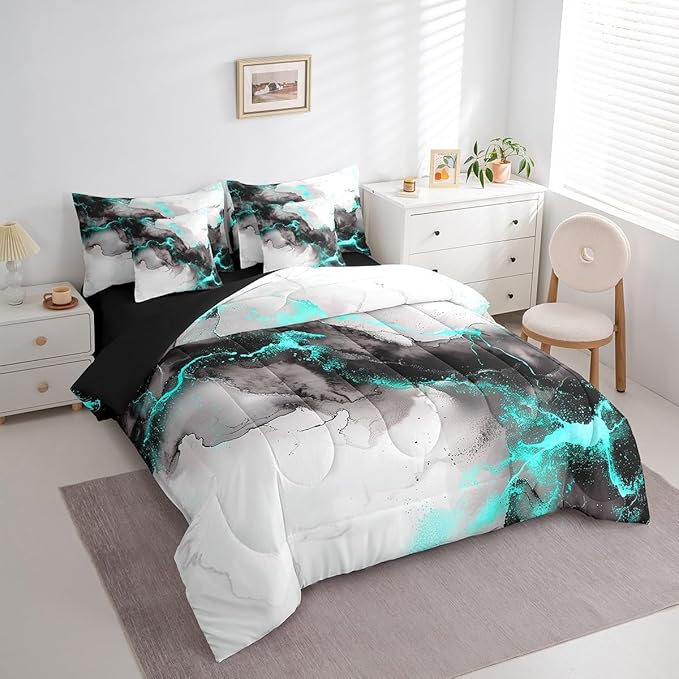 Black and Grey Teal Bedding Comforter Sets 7 Pieces Marble Aesthetic Bed in a Bag, Modern Marbling King Bedding Sets Watercolor Foil Print Comforter Set, Stone Pattern Bedding Sets & Collections