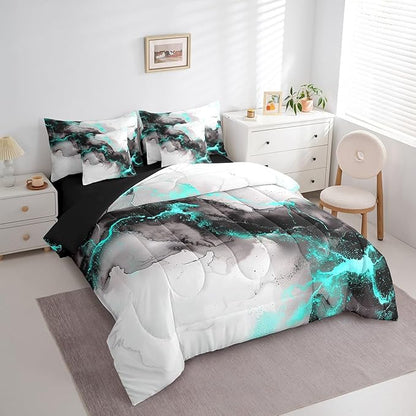 Erosebridal Black and Grey Teal Full Comforter Set 7-Piece Marble Aesthetic Bedding Comforter Sets, Modern Marbling Bed in a Bag Watercolor Foil Print Bedding Set, Stone Pattern Bed Sheets Set