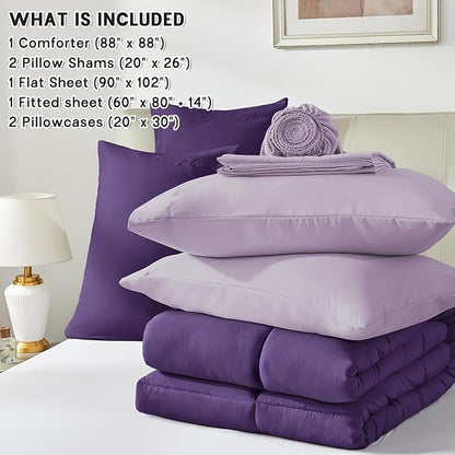 Anluoer Queen Comforter Set,Dark Purple&Light Purple Bed in a Bag 7 Piece,Lightweight Bedding Set with Down Alternative Fill,Bed Set Includes Comforter, Fitted Sheet, Flat Sheet,Pillowcases and Shams