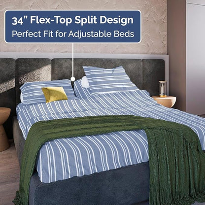 Flex Top Split Head King 4 Piece Sheet Set - Comfy Breathable & Cooling Bed Sheets Set - Hotel Luxury Bedding for Women, Men, Kids, Teens, Boys & Girls - Deep Pockets, Soft - Oeko-Tex - Blue Stripes