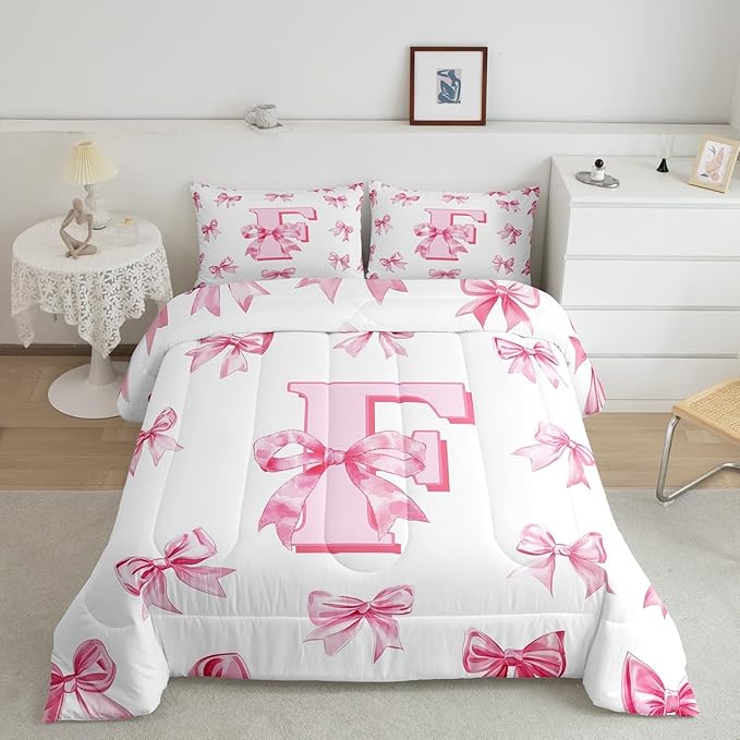 Erosebridal Initial Letter F Bedding Comforter Sets Pink Kawaii Bow Bedding Set Dreamy Princess Letter Bowknot Comforter Set Queen Size for Kids Girls Teen Women,Cute Girly Bow Quilt Duvet