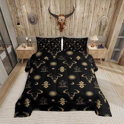 Erosebridal Boho Western Bedding Sets Toddler Black Gold Bohemian Aztec Bull Skull Comforter Set for Boys Teen Men,Southwest Cowboy Quilt Set,Exotic Ethnic Tribal Bed Set Cactus Moon Sun Decor
