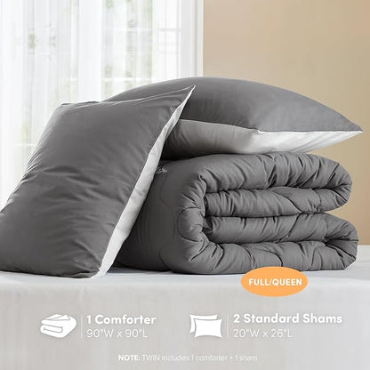 Comfort Spaces Comforter Set Vibrant Reversible Comforters Queen Size Quilted Bedding Set, All Season Lightweight Bedding, Soft Microfiber Comforter, Vixie, Grey/Light Grey Full/Queen 3 Piece