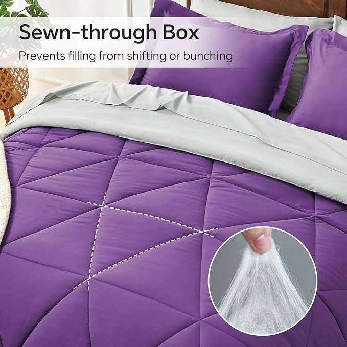 BEDELITE Twin XL Comforter Set 5 Pieces Bed in A Bag - Soft Microfiber Reversible Twin Extra Long Purple Bed Set with Comforters, Sheets, Pillowcase & Sham, Cozy Bedding Sets for College Dorm Room