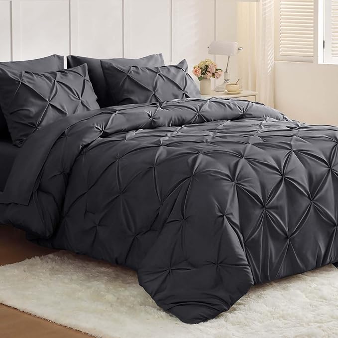 JOLLYVOGUE Full Size Comforter Sets 7 Pieces - Bed in a Bag Full for All Season, Pintuck Bedding Comforter Sets with Comforter, Flat Sheet, Fitted Sheet and Pillowcases & Shams, Dark Grey