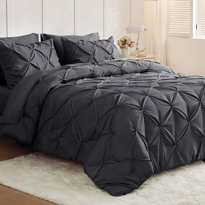 JOLLYVOGUE Full Size Comforter Sets 7 Pieces - Bed in a Bag Full for All Season, Pintuck Bedding Comforter Sets with Comforter, Flat Sheet, Fitted Sheet and Pillowcases & Shams, Dark Grey