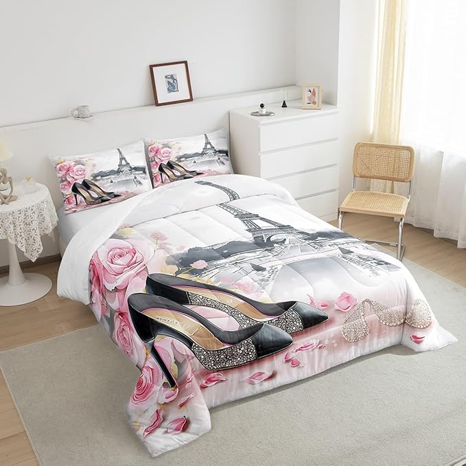 High-Heeled Shoes Princess Kids Comforter Set Queen Size,Roses Flowers Paris Eiffel Tower Bedding Set,Women Girls Room Decor,Glitter Diamond Romantic Down Comforter,Pink Duvet Insert,2 Pillowcases