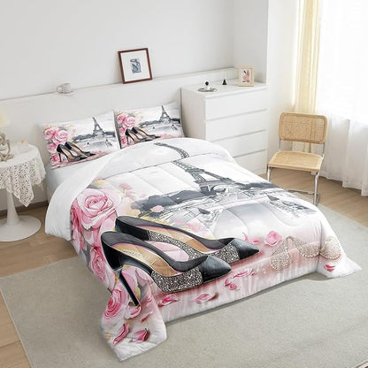 High-Heeled Shoes Princess Kids Comforter Set Queen Size,Roses Flowers Paris Eiffel Tower Bedding Set,Women Girls Room Decor,Glitter Diamond Romantic Down Comforter,Pink Duvet Insert,2 Pillowcases