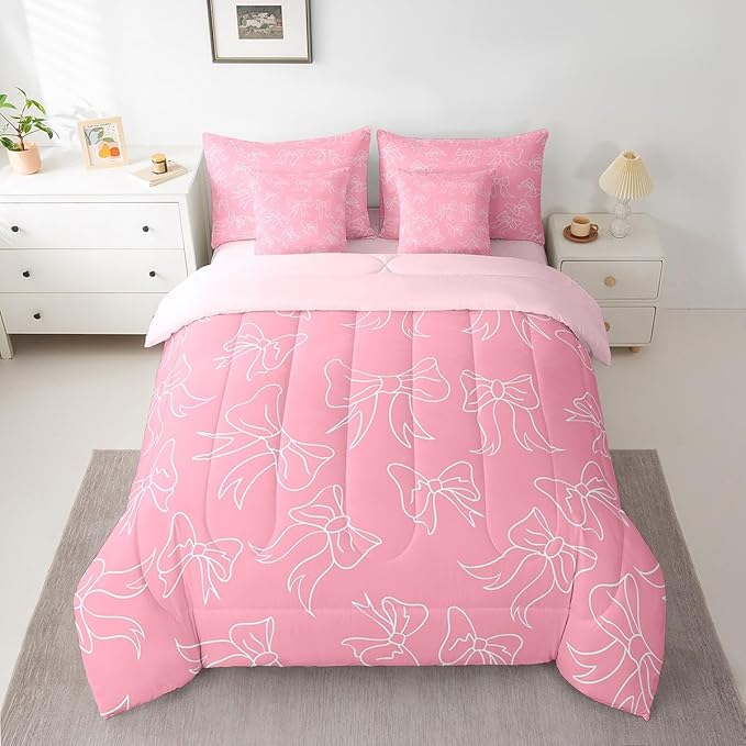 Feelyou Cute Bowknot 7 Pieces Comforter Sets Boys Girls Full Size Pink Girls Bow Bedding Set for All Season for Kids Women Men Bow Bed in a Bag with Comforter, Sheets, Pillowcases & Cushion Cover