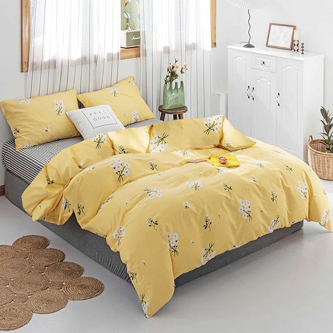 HighBuy Girls Floral Comforter Set Twin XL Yellow 3 Piece Garden Flowers Bedding Sets Vintage Aesthetic Coquette College Dorm Comforter with 2 Pillowcases,Boho Chic Fluffy Comforter Set