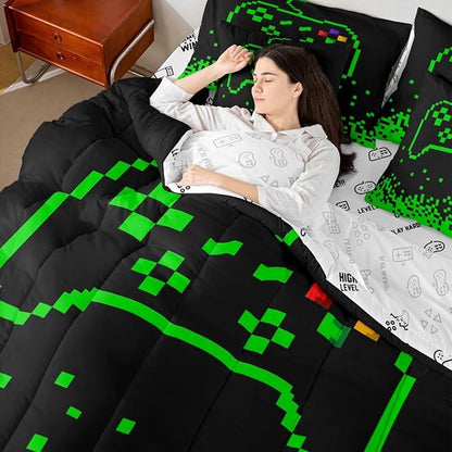 Castle Fairy Video Games 7 Piece Comforter & Sheet Sets Twin Size,Miner Pixel Games Bedding Set Neon Green Block Building Bed in a Bag Modern Black Flat & Fitted Sheets,4 Pillow Covers