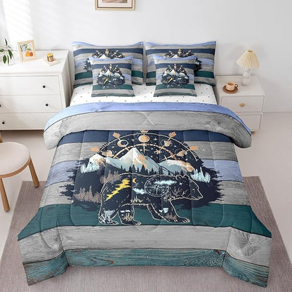 Erosebridal King Size Rustic Bear Comforter Set with Sheets and Pillows - 7-Piece Farmhouse Decor Bed-in-a-Bag (1 Comforter, 1 Sheet, 2 Pillowcases and 2 Throw Pillow Covers)