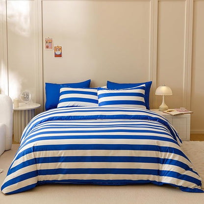 KAREVER Royal Blue White Stripes Comforter Set Full Size Royal Blue White Stripes Bedding Set 3 PCs Comforter Set Full Size Fluffy Linen Comforter Sets