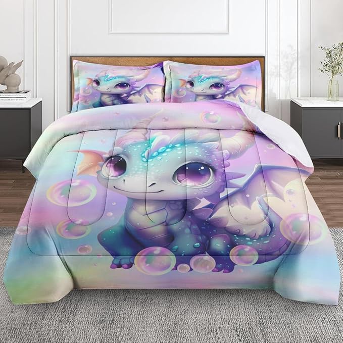 Cute Dragon Colorful Comforter Set for Kids Toddlers Teens Adults Queen, Blue Yellow Baby Bedding Sets Water Washed Microfiber Bedding with 1 Comforter 2 Pillowcase All Season