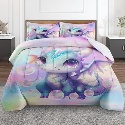 Cute Dragon Colorful Comforter Set for Kids Toddlers Teens Adults Queen, Blue Yellow Baby Bedding Sets Water Washed Microfiber Bedding with 1 Comforter 2 Pillowcase All Season