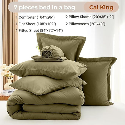 MUXHOMO 7 Pieces California King Comforter Set, Soft Bed in a Bag Cal King Size, All Season Bedding Set with Comforter, Flat Sheet, Fitted Sheet, Pillowcases & Shams, Olive Green
