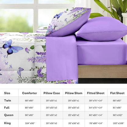 Nesker 7 Pcs Spring Comforter Set Full Size, Purple Floral Bedding Set for Kids and Adults, Butterfly Wisteria Hydrangea Bed Sheet Sets with Fitted Sheet 2 Pillowcases & 2 Shams