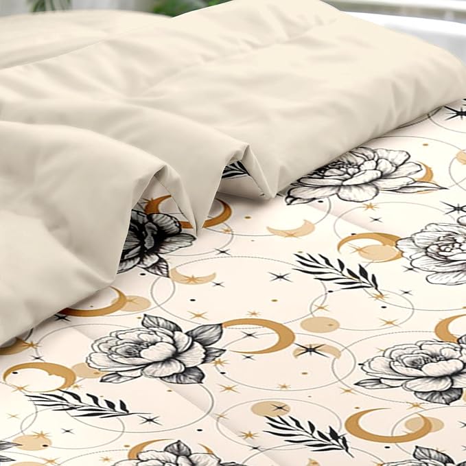 Comforter Set King Size, Flower Boho Astrology 7 Pcs Bedding for Kids and Adults, Tarot Bohemian Floral Bed Sheet Sets with Fitted Sheet 2 Pillowcases & 2 Shams for Bedroom Bed Decor