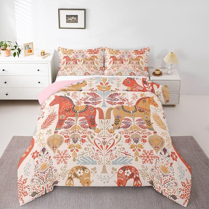 Flower Horse Comforter Set King Size,Rustic Farmhouse Bedding Sets 3Pcs for Kids Girls Boys Women Room Decor,Boho Squirrel Bird Quilted Duvet Xmas Bells Snowflake Down Comforter,2 Pillowcases