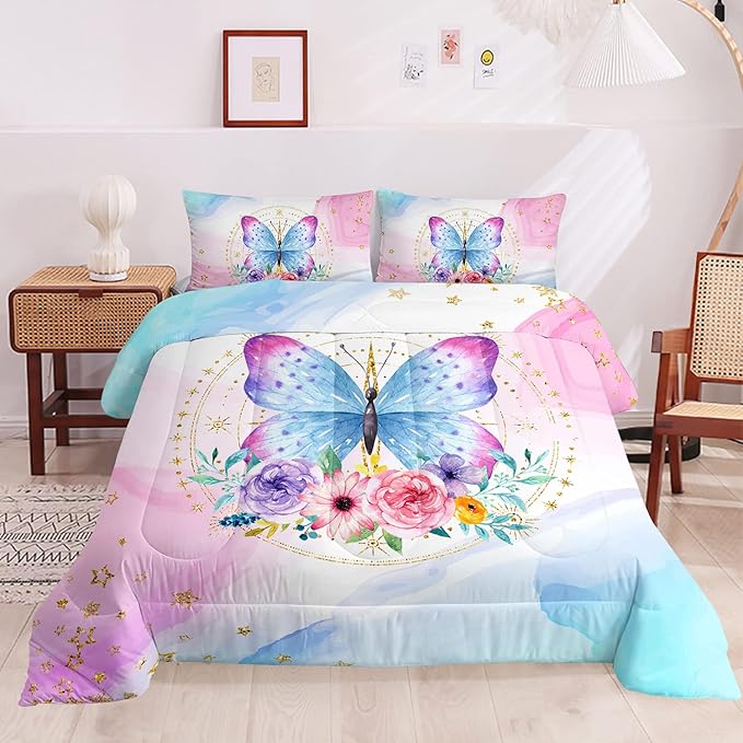 HOSIMA Butterfly Comforter Set, Pink Floral Comforter Full Size for Girls Kids Women Bedroom Decor, Golden Star and Colorful Butterfly Pattern Bedding Set