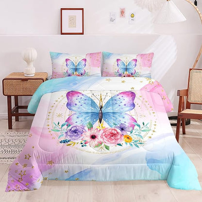 HOSIMA Butterfly Comforter Set Queen,Pink Butterfly Floral Comforter Queen Size for Girls Kids Women Bedroom Decor,Golden Stars and Colorful Butterfly Pattern Bedding Set,Butterfly Bed Set for Girls.