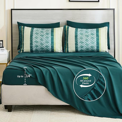 Cottolester Green Comforter Set Queen Size,Boho Striped Bed in a Bag,Spring Summer Plaid Comforter and Sheet Set, Soft Microfiber Complete Bedding Sets