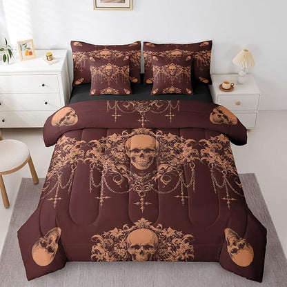 Erosebridal Gothic Bed in a Bag Queen Comforter Set 7 Piece,Goth Sugar Skull Red Brown Damask Bedding Set,Bohemian Vintage Floral Comforter and Sheet Set,Exotic Antique Victorian Baroque Decor