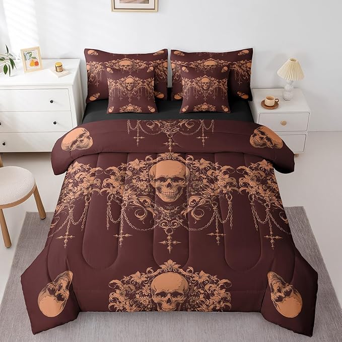 Erosebridal Gothic Bed in a Bag King Size Comforter Set 7 Pieces,Goth Sugar Skull Red Brown Damask Bedding Set,Bohemian Vintage Floral Comforter and Sheet Set,Exotic Antique Victorian Baroque Decor