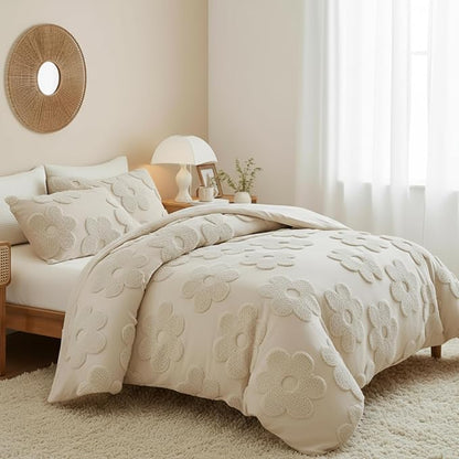 Frienda Spring Floral Queen Comforter Cover Set for Girls Women 3 Pcs Tufted Khaki Floral Bedding Set Embroidery Boho Warm Tufted Bedding Include 1 Comforter Cover 2 Pillow Case for Home Gift