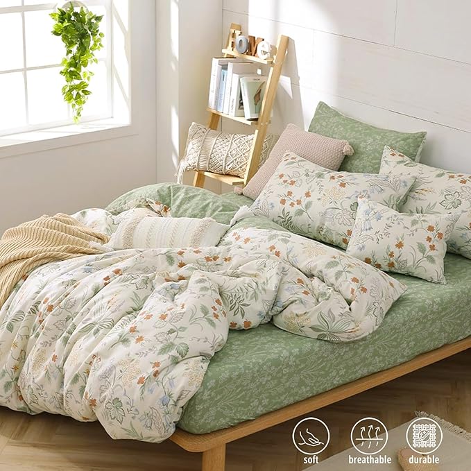 Natural Cotton 3pcs Botanical Comforter Sets Queen Size-Green Comforter with Red & Blue Flowers,Gray Leaves on Off-White, Reversible Lightweight Bedding Sets(Full/Queen)